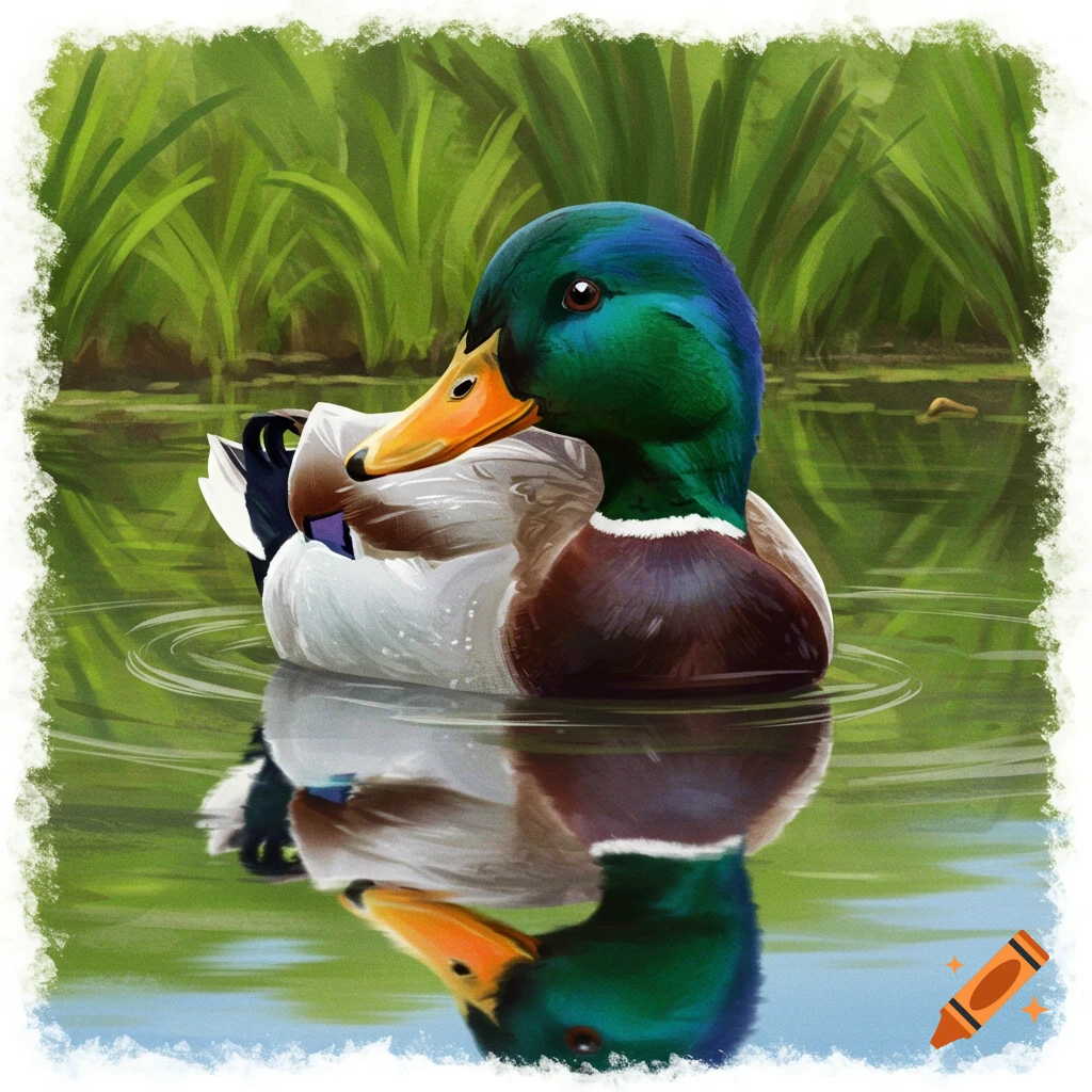 A colorful mallard duck swims in calm water with reflections.