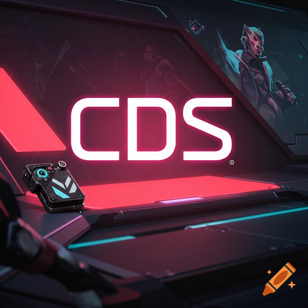 A cyberpunk scene with a screen displaying the letters CDS, a futuristic device, and a stylized figure.