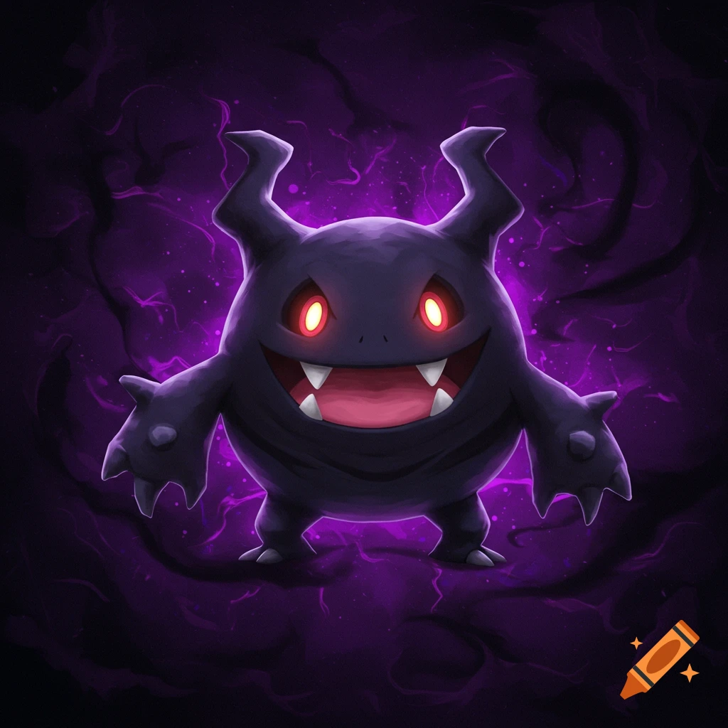 Dusclops, a purple ghost monster with red eyes and fangs, surrounded by dark purple smoke.