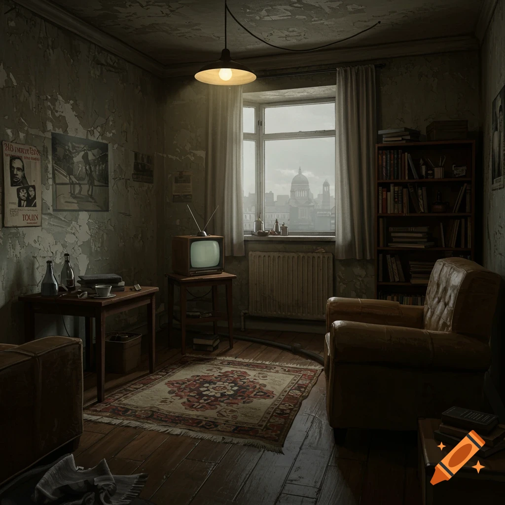 Dimly lit, run-down room with old TV, armchair, bookshelf, and view of city skyline.