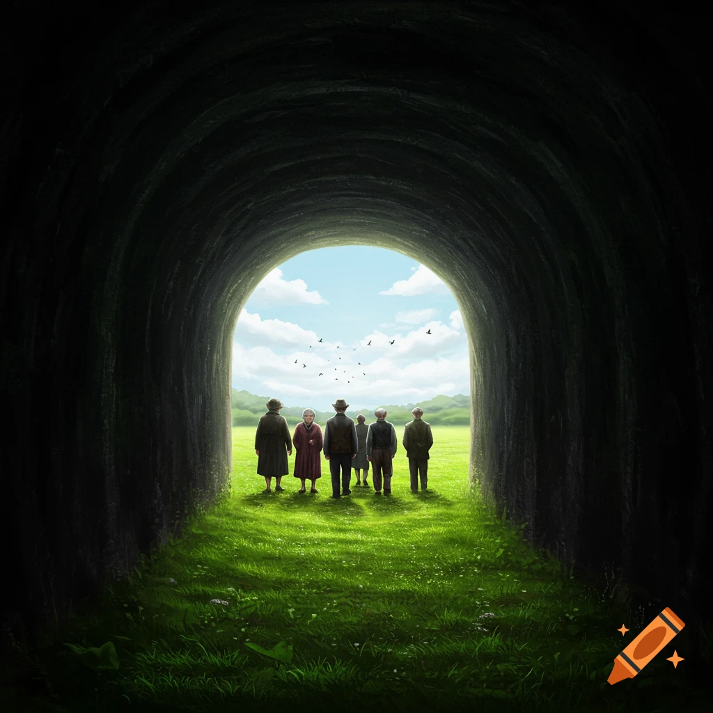 A group of figures stands at the entrance of a dark tunnel, looking out at a bright green field and sky with birds.