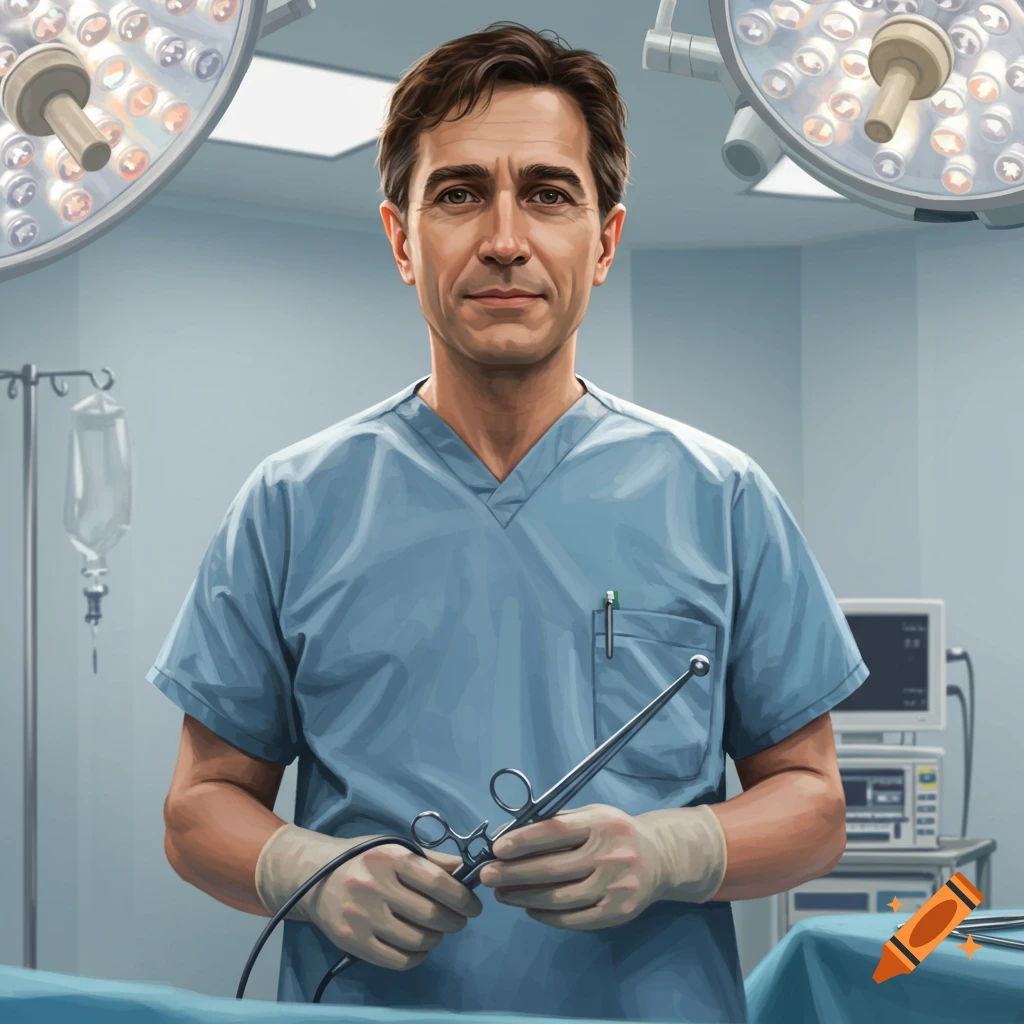 A surgeon holding surgical tools in an operating room.