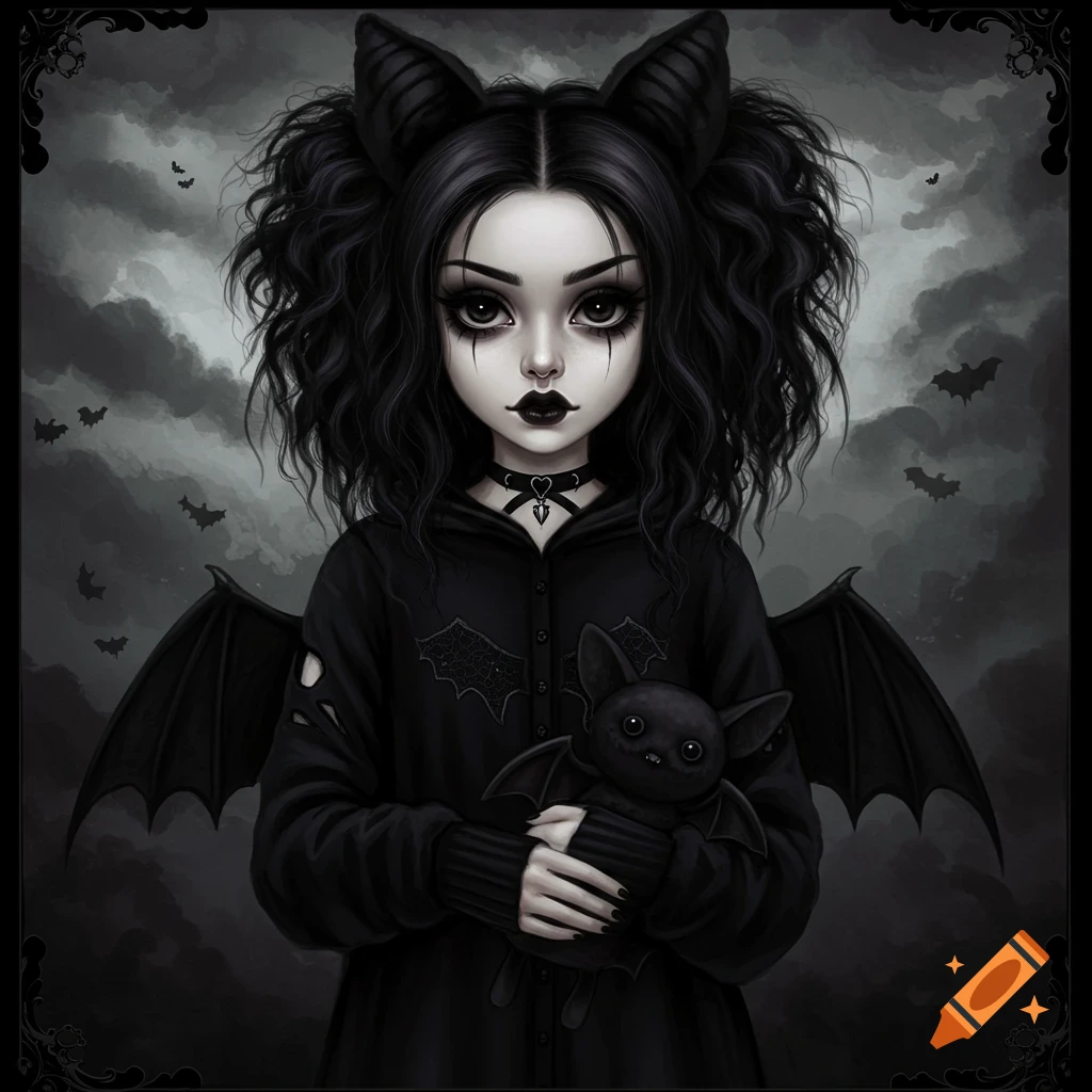 A goth girl with bat wings and ears holding a bat plushie.