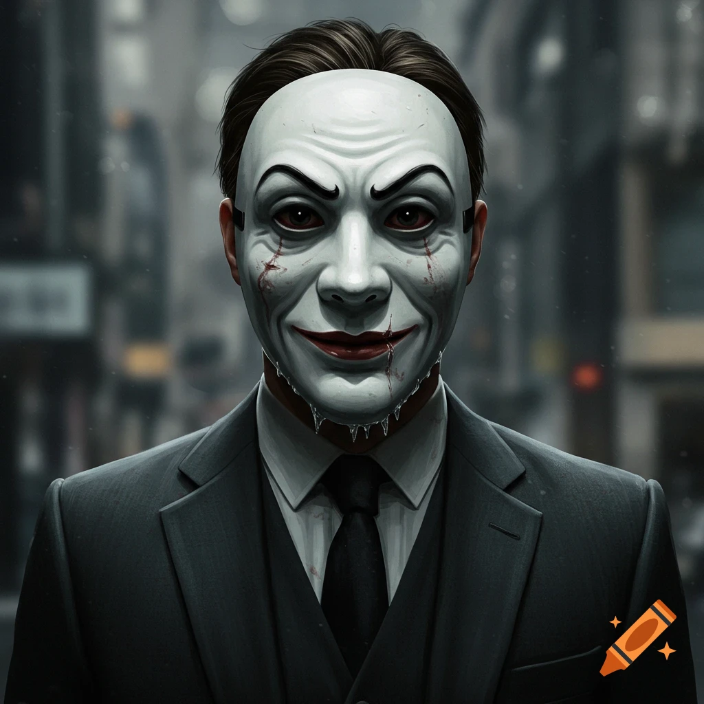 A person in a dark suit and tie wears a white mask with red scratches, blood, and drips, standing on a blurry city street.