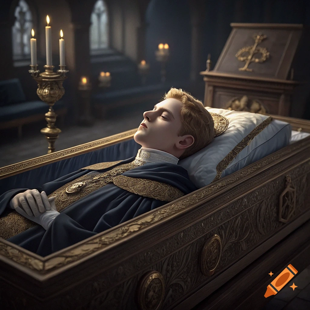 A young person in ornate historical clothing lies in a decorated coffin in a dimly lit church.