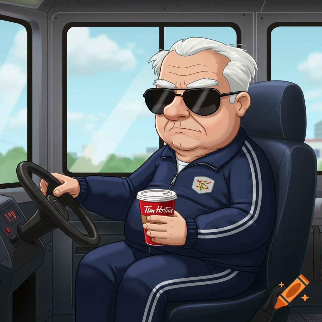 Cartoon of an old bus driver wearing sunglasses and a tracksuit, holding a Tim Hortons coffee cup while sitting at the wheel.