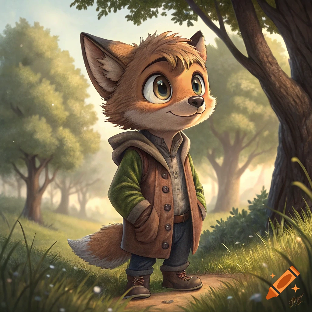 A cute cartoon anthropomorphic fox wearing a jacket and vest stands on a path in a sunny forest.