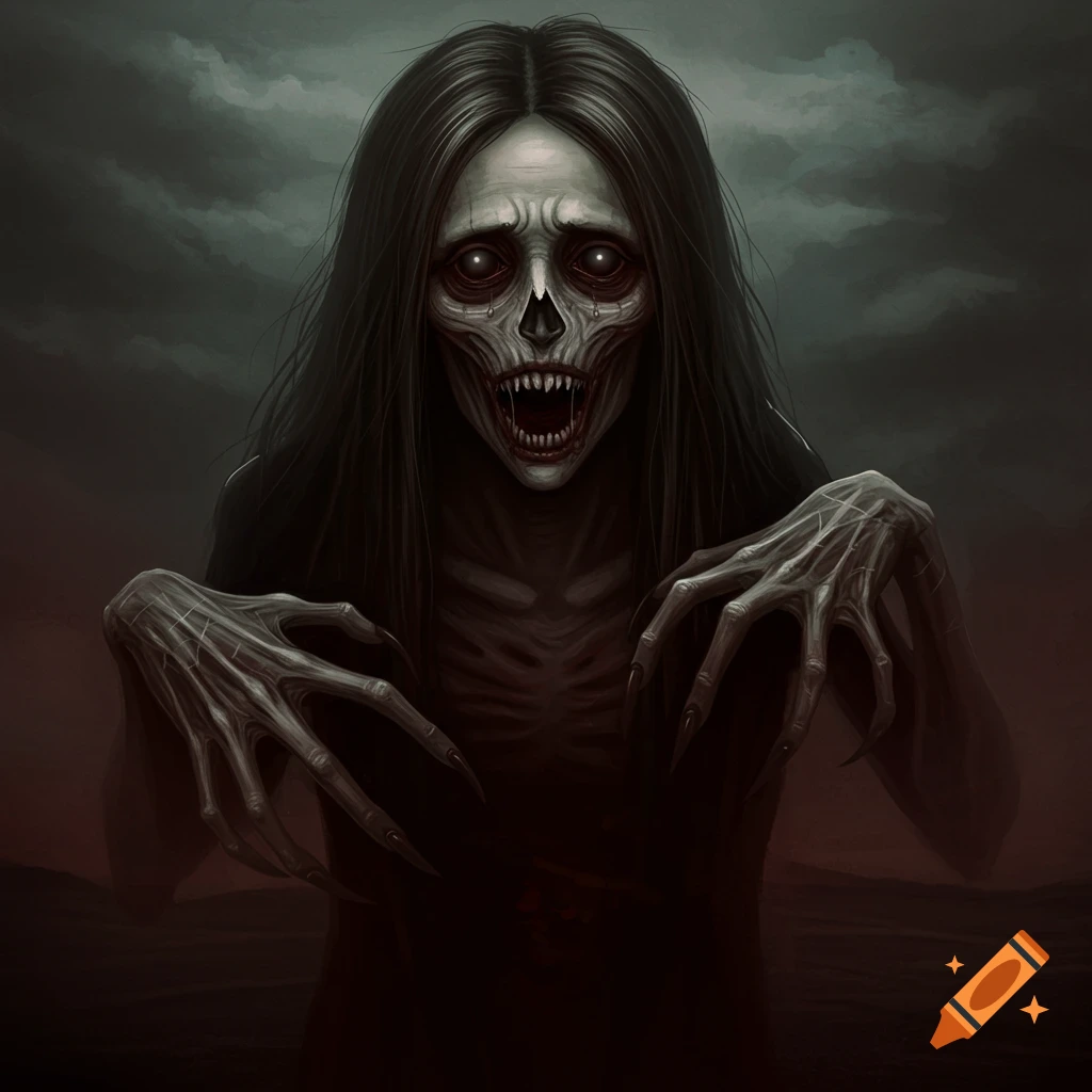 A horror creature with long dark hair, sharp teeth, and skeletal features reaching forward.