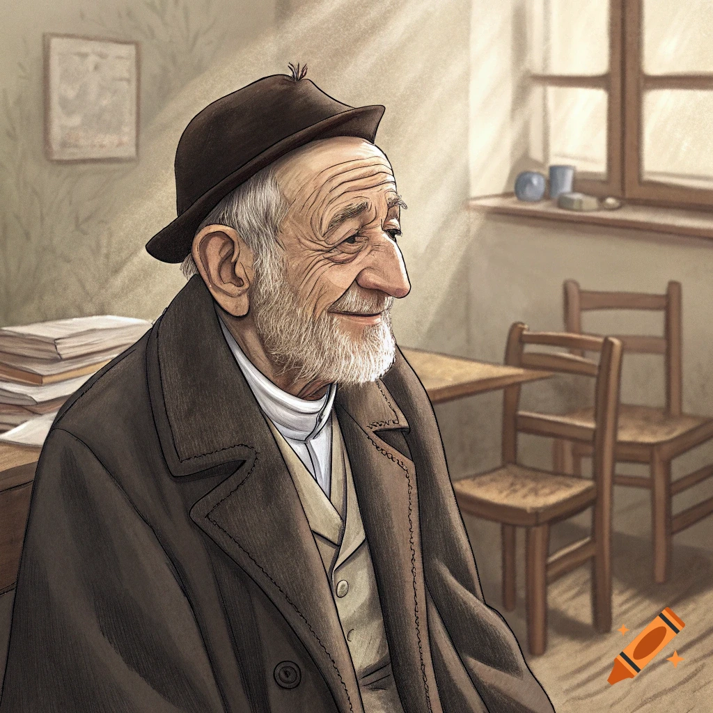 Illustration of an old man in a hat sitting in a room with sun rays streaming through a window.