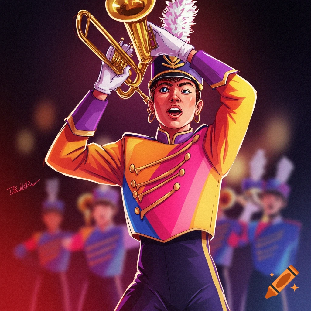 A person in a colorful marching band uniform is playing a trumpet with blurred figures in the background.