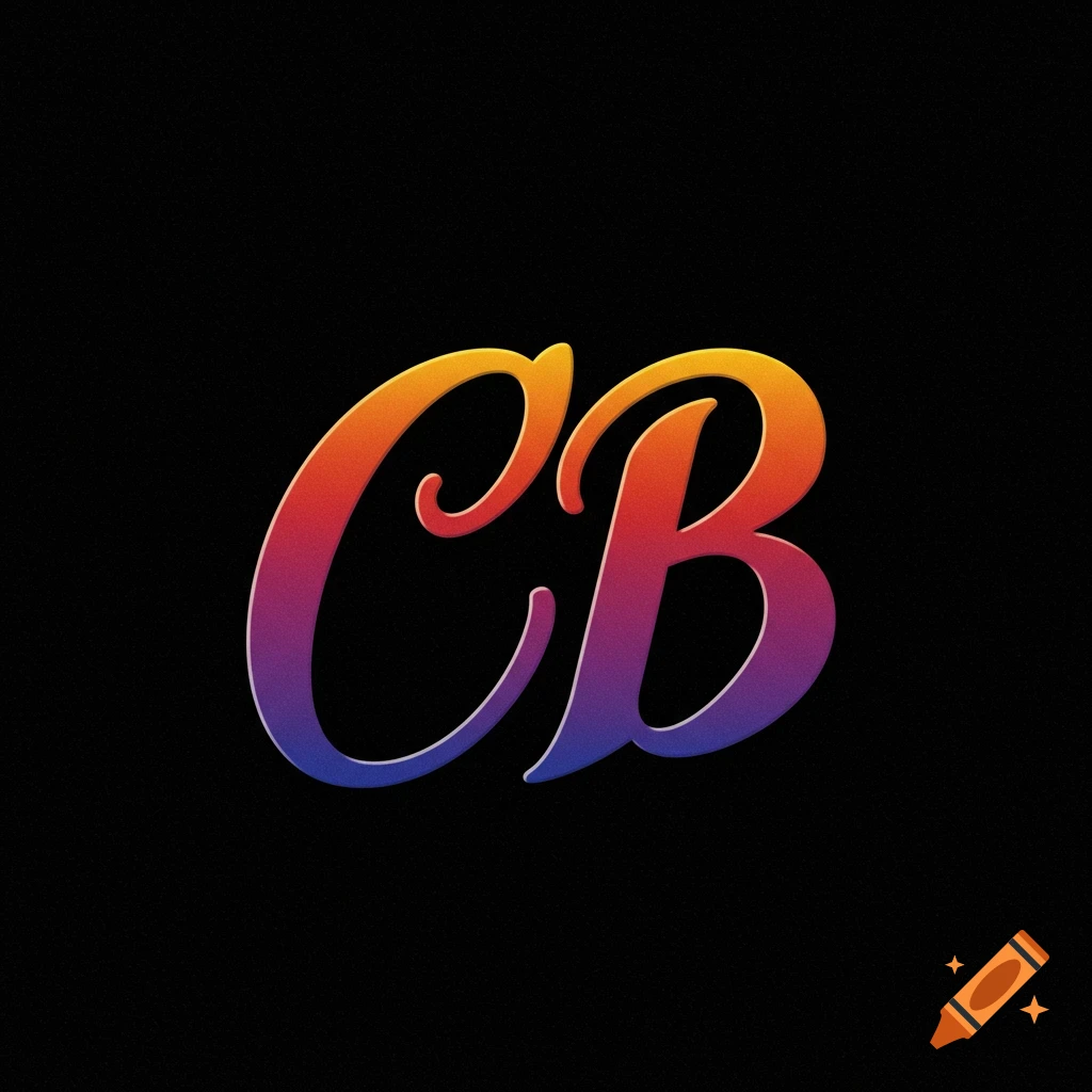 Cursive letters CB with orange and purple gradient on black background
