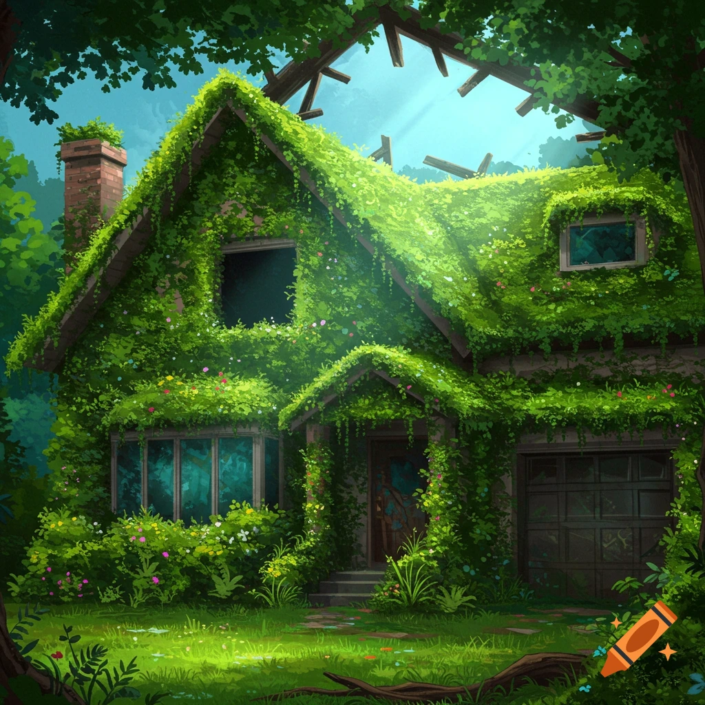 An overgrown suburban house covered in vines and plants, with a ray of light shining through a torn roof.