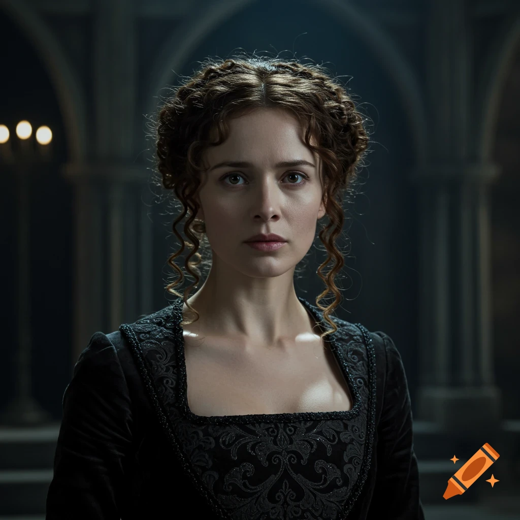 A dramatic portrait of a woman in a dark, historical gown, possibly Lady Macbeth, in a shadowy interior.