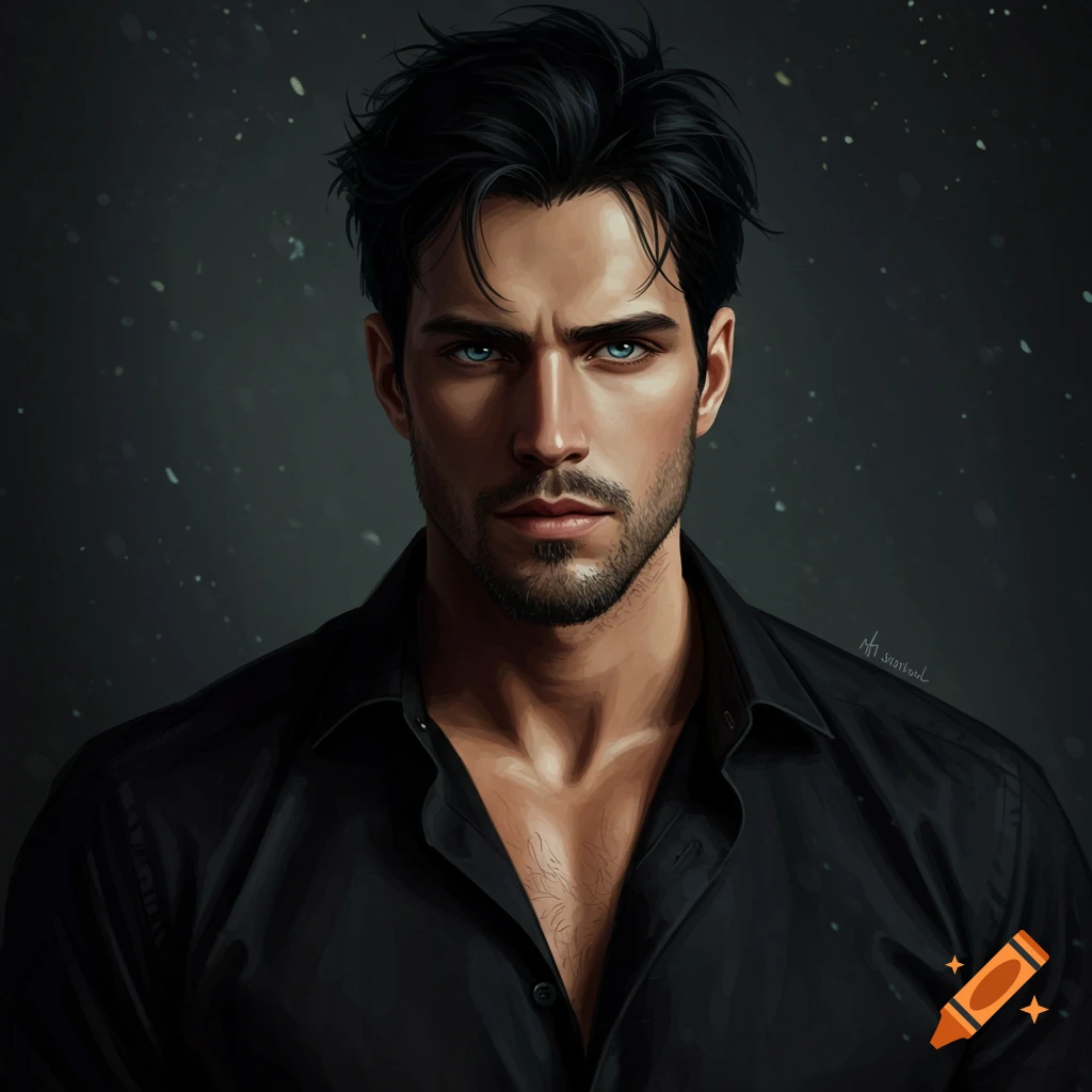 A man with striking blue eyes and a black shirt.