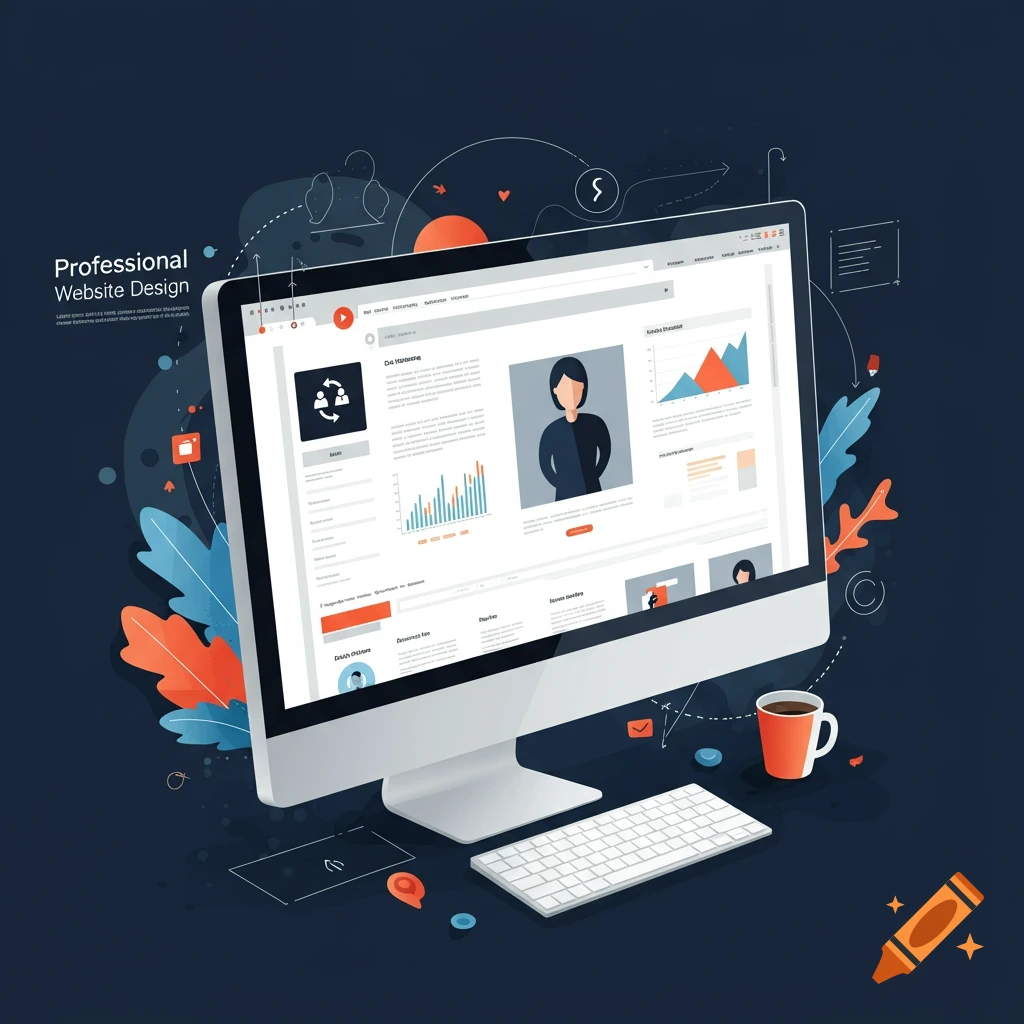 Illustration of a monitor displaying website design, keyboard, coffee cup, and abstract elements.