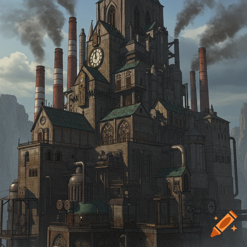 Tall fantasy steampunk factory building with smoking chimneys.