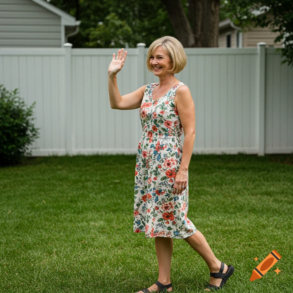 Woman in floral dress waving in backyard