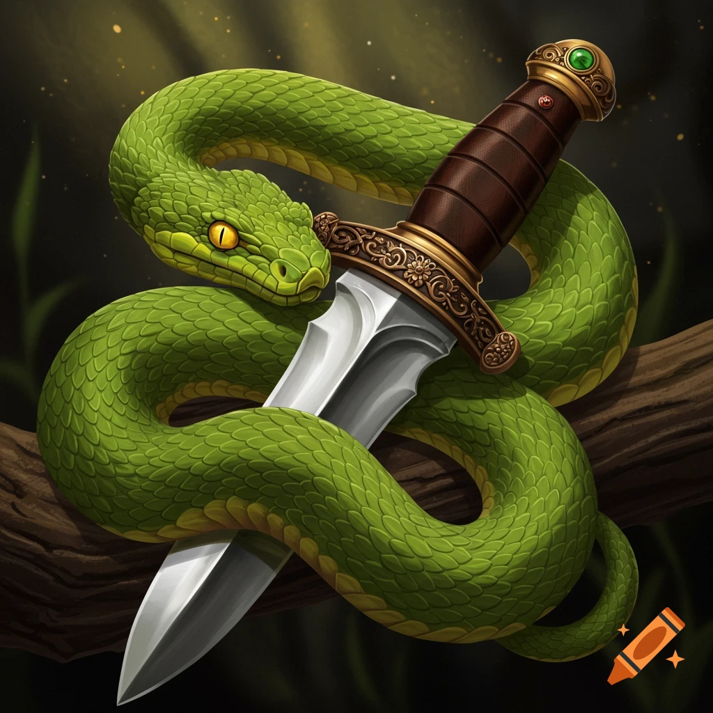 A green snake wrapped around a fantasy dagger on a branch
