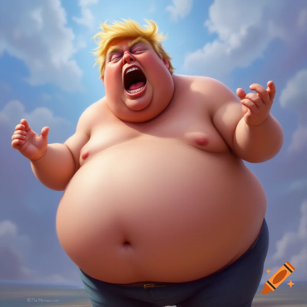 Caricature of a morbidly obese bare-chested man resembling Donald Trump, shouting or singing under a blue sky.