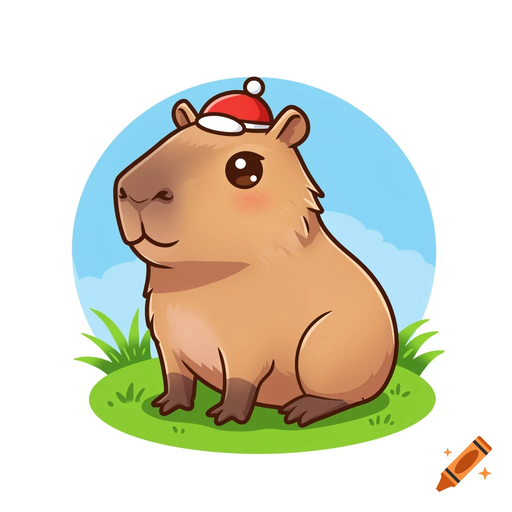 Cute cartoon capybara wearing a red Christmas hat on a grassy hill