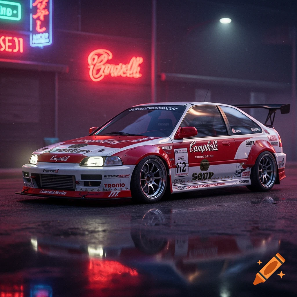 A Honda Civic street racer with a Campbell's soup paint job is parked on a neon-lit street.
