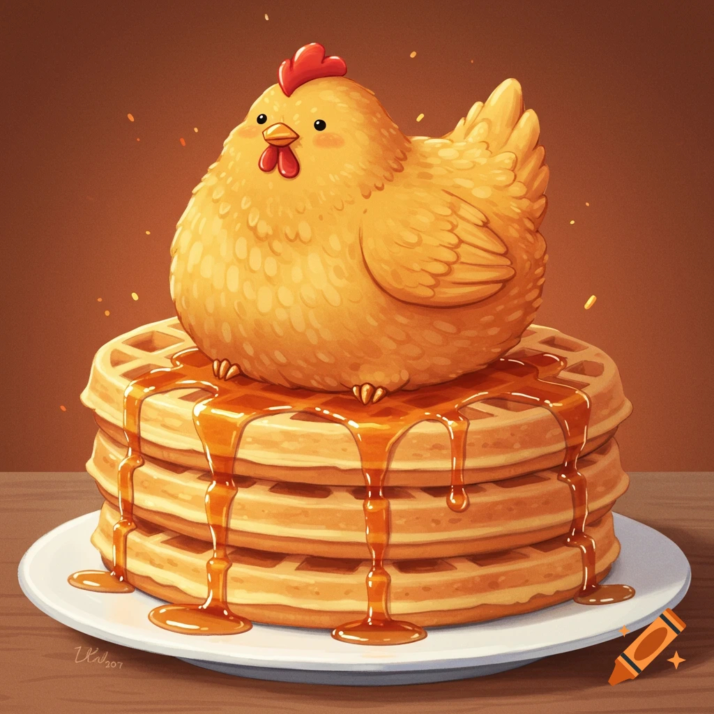 A cute cartoon chicken sits on a stack of syrup-drizzled waffles.
