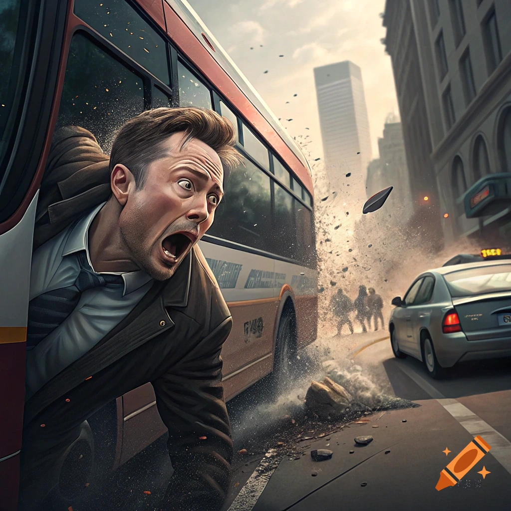 Man falls out of a bus during a chaotic incident on a city street with debris flying.