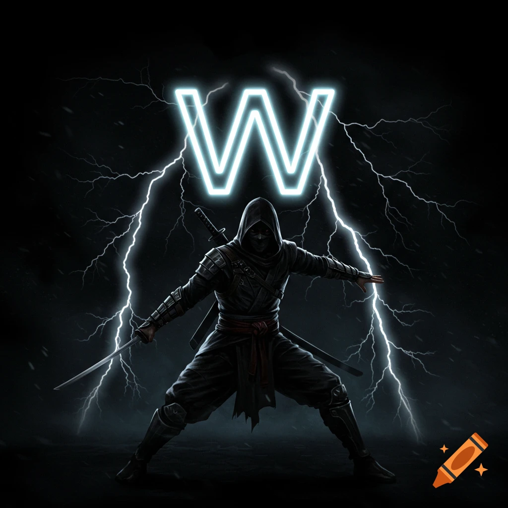 A ninja with swords stands in front of lightning and a glowing letter W.