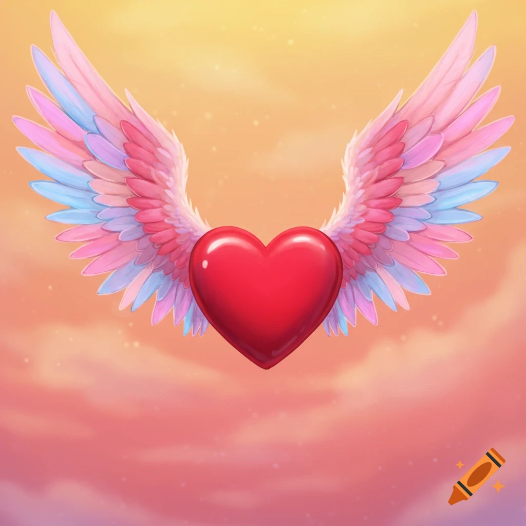 A red heart with pastel-colored wings is flying in a sunset sky.