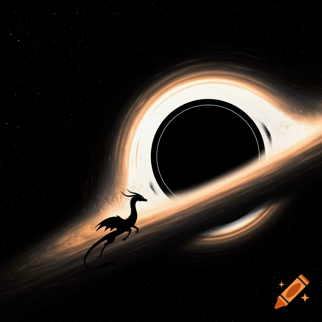 A black dragon silhouette flies towards a black hole and its glowing accretion disk in space.