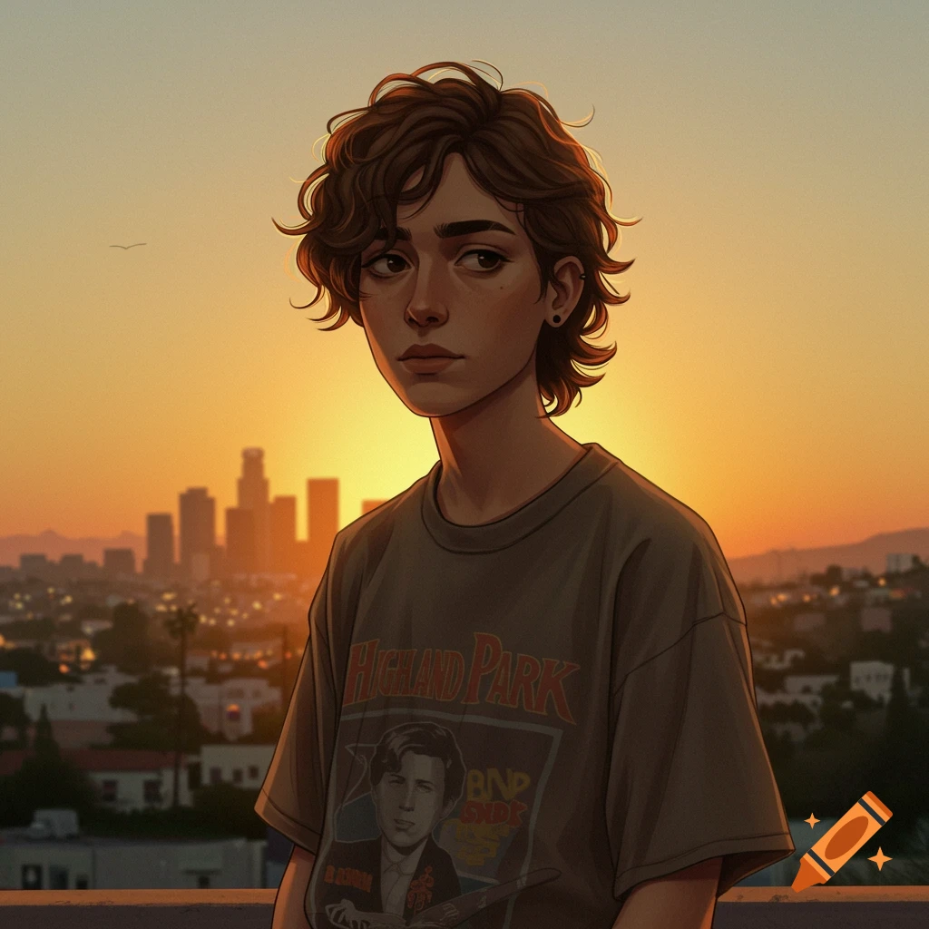 A person with curly hair wearing a graphic t-shirt, standing against a blurry cityscape at sunset.