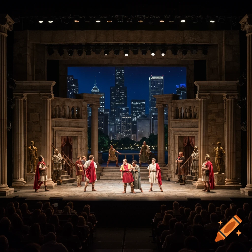 A theatrical performance of Julius Caesar on a stage with a Chicago skyline backdrop and audience.