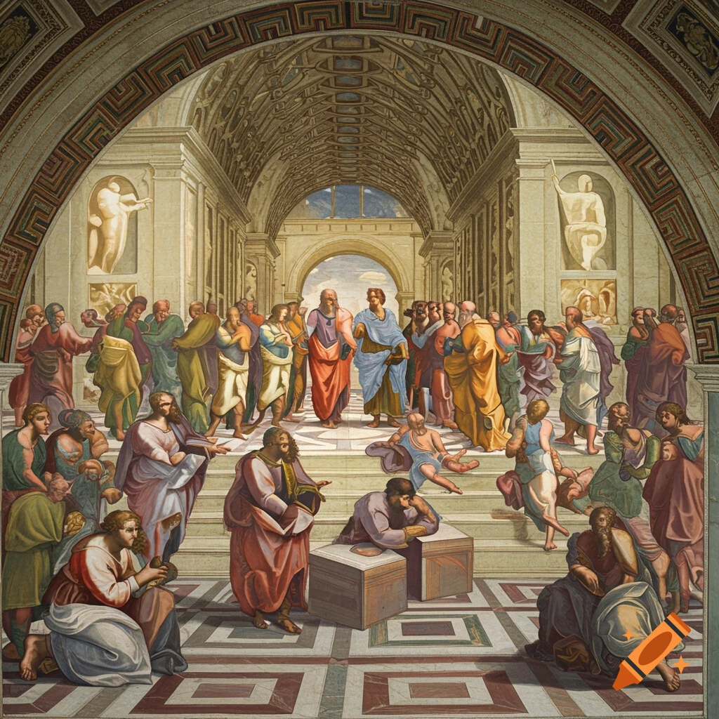 Classical painting of ancient Greek philosophers in a grand hall, resembling Raphael's The School of Athens.