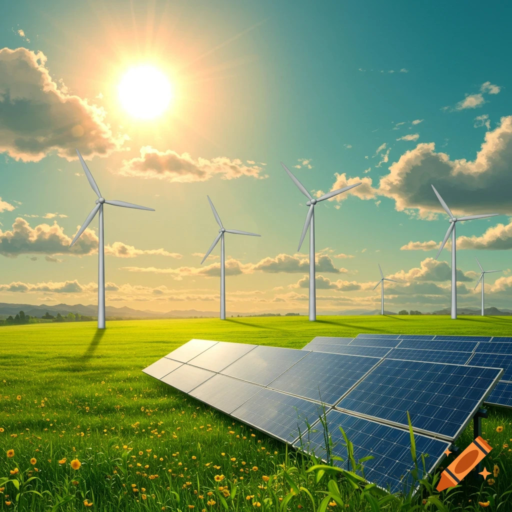Solar panels and wind turbines in a sunny green field under a bright sky with clouds.