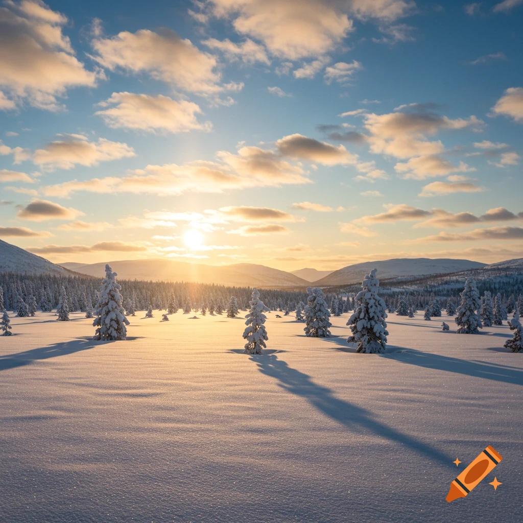 A snowy landscape with trees under a sunny sky at sunset or sunrise, mountains in the background.