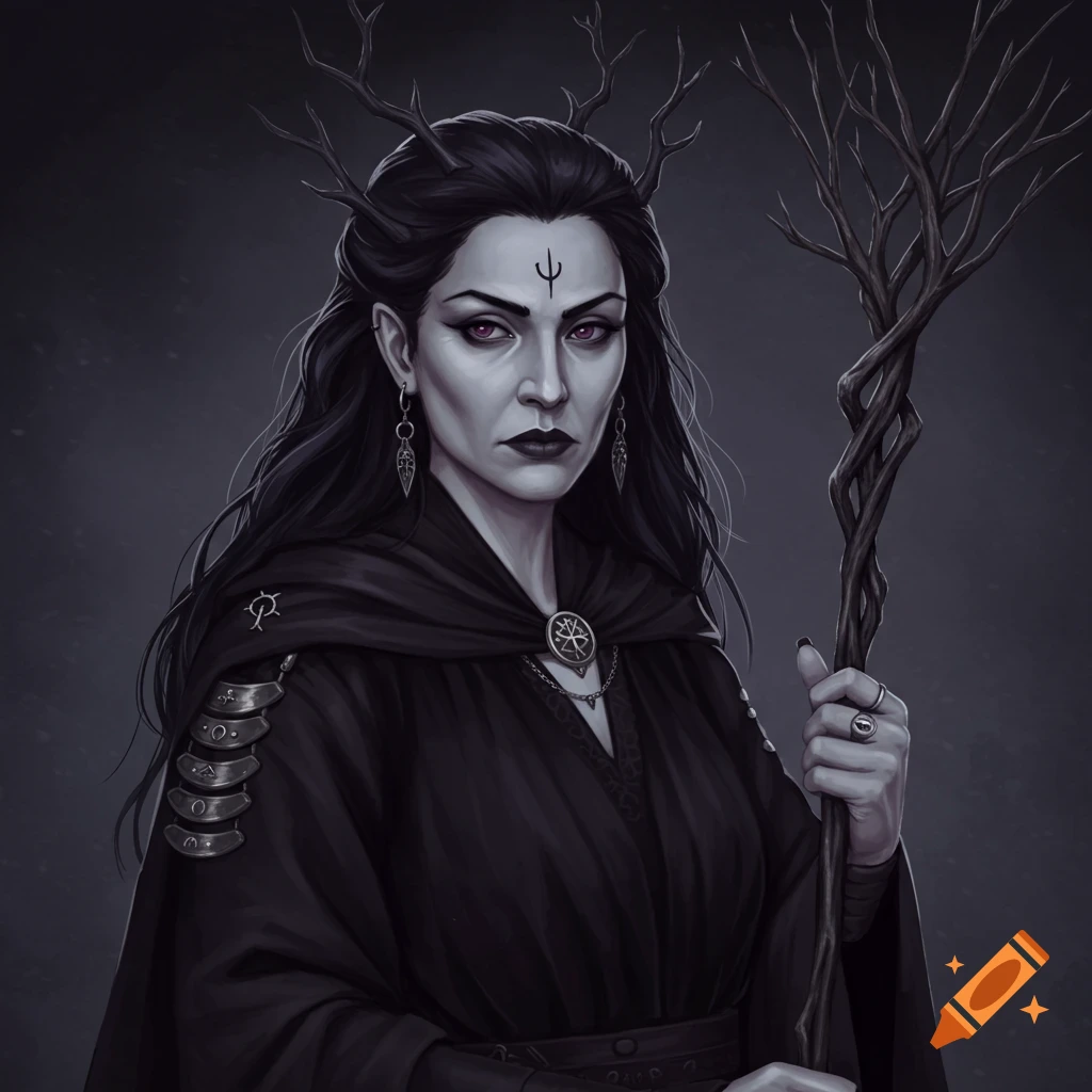 Painting of Hecate, a dark-haired woman with branch antlers, cloak, and staff.