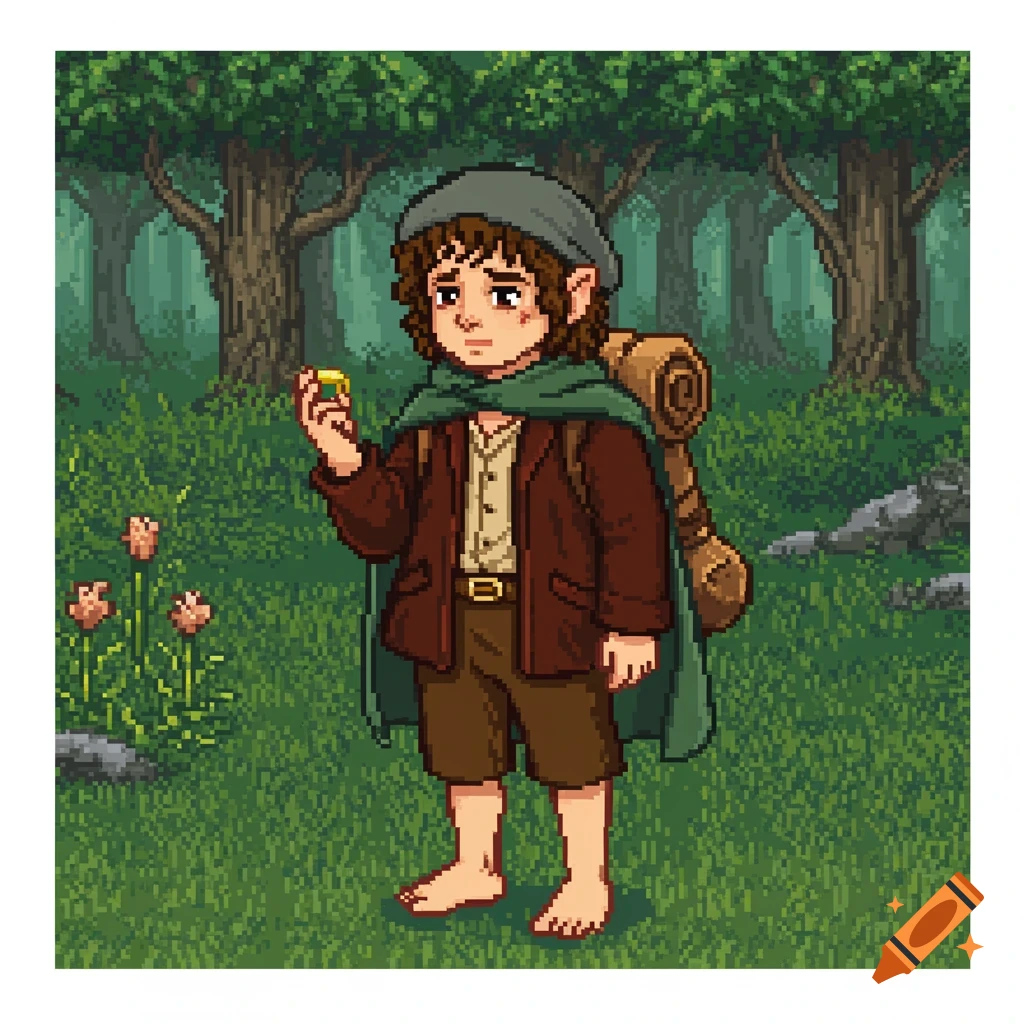 Pixel art of a hobbit in a forest holding a ring.
