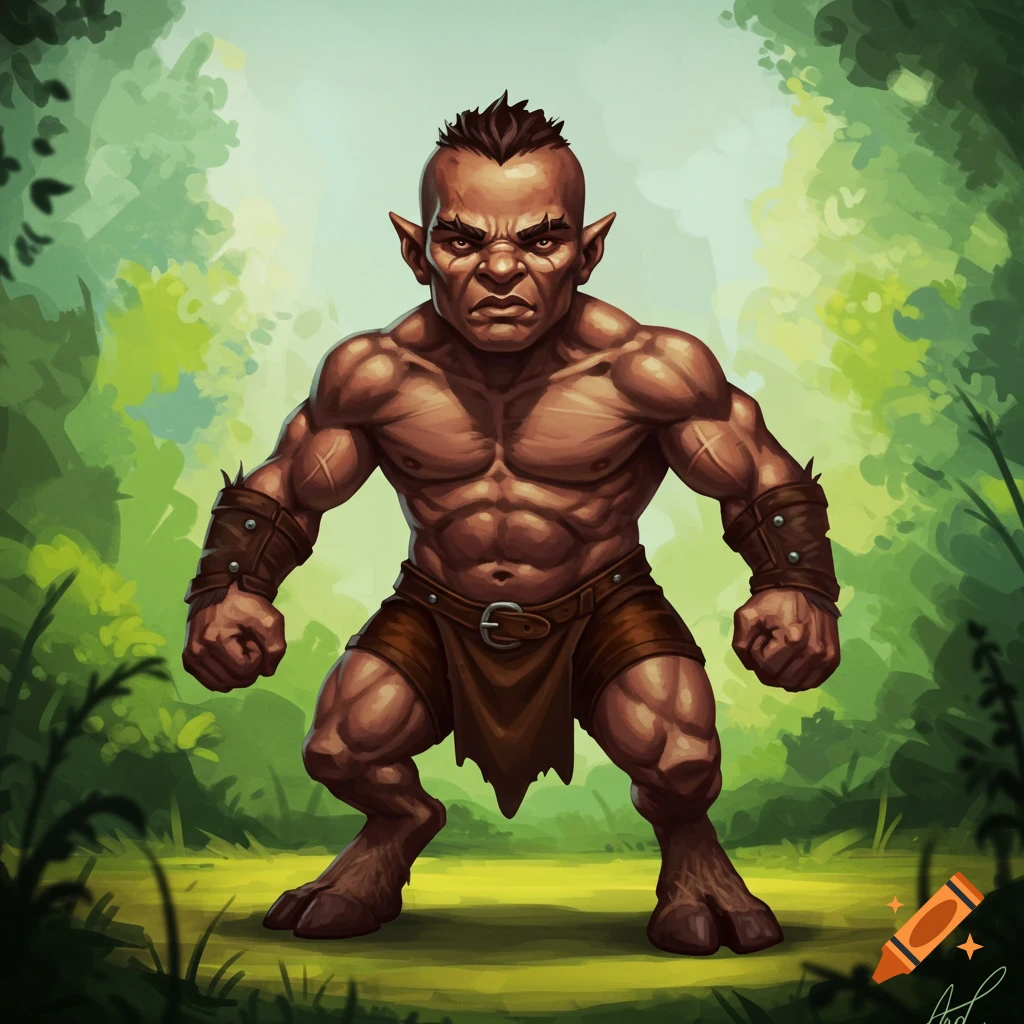 A muscular fantasy creature with hooves standing in a forest.