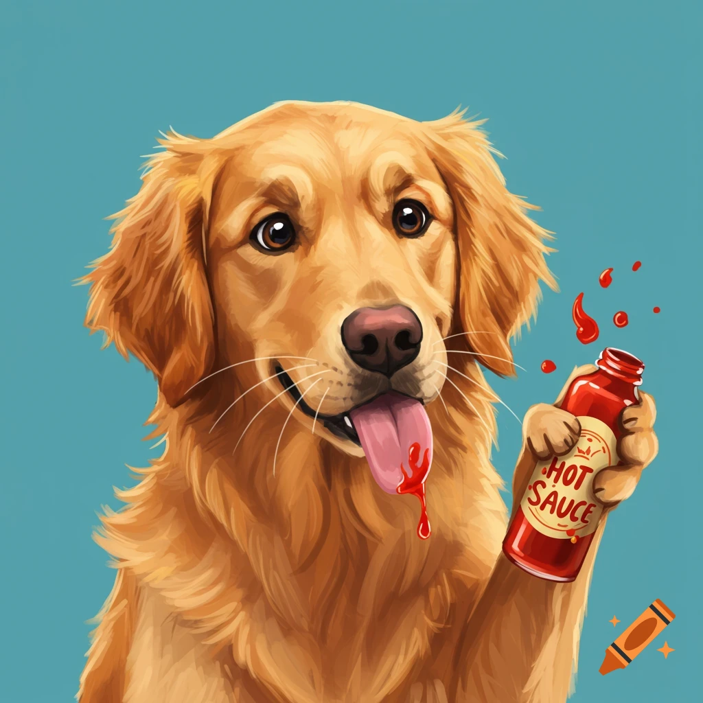 A golden retriever dog holding a bottle of hot sauce.