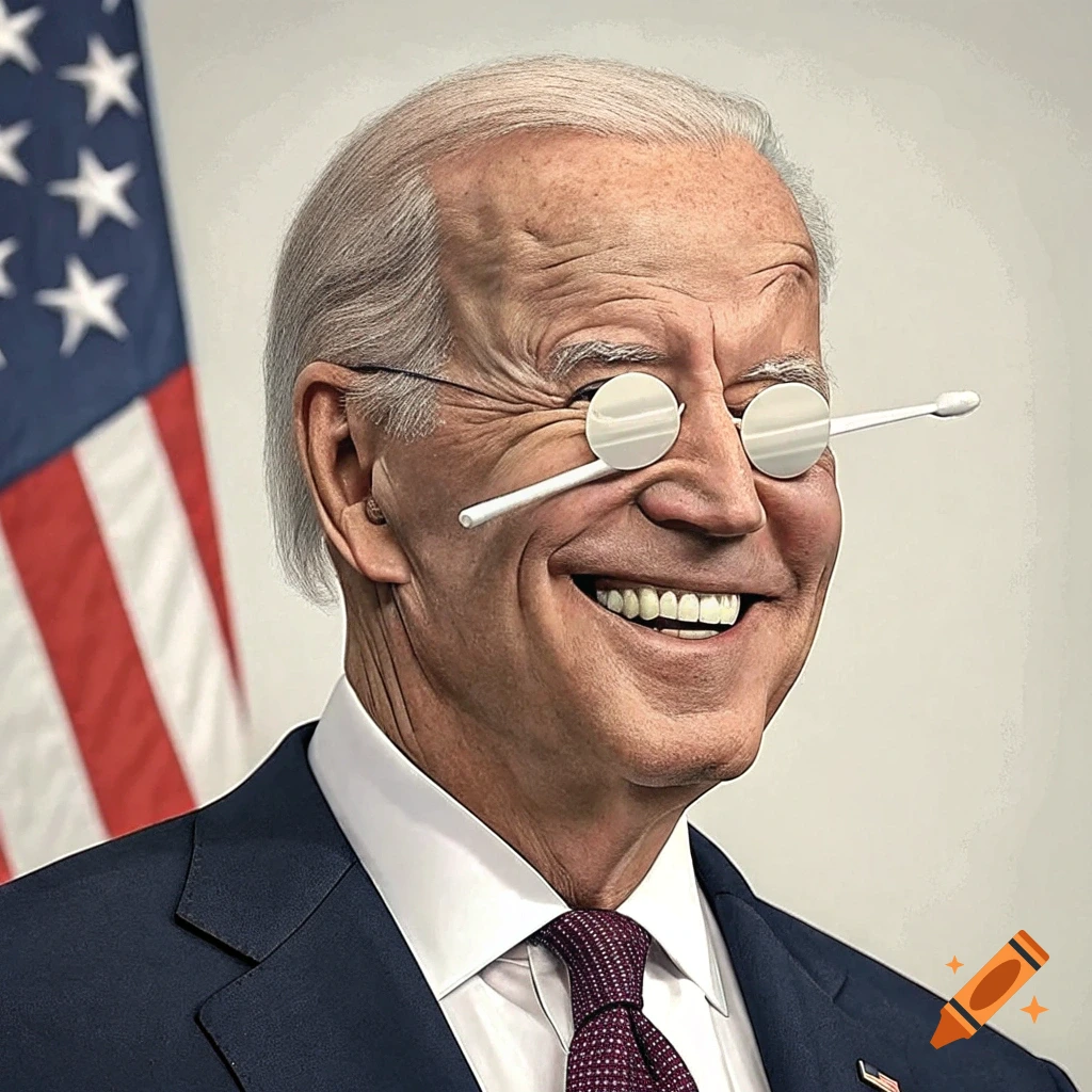 Portrait of Joe Biden smiling with Q-tips in place of his eyes, standing in front of a US flag.