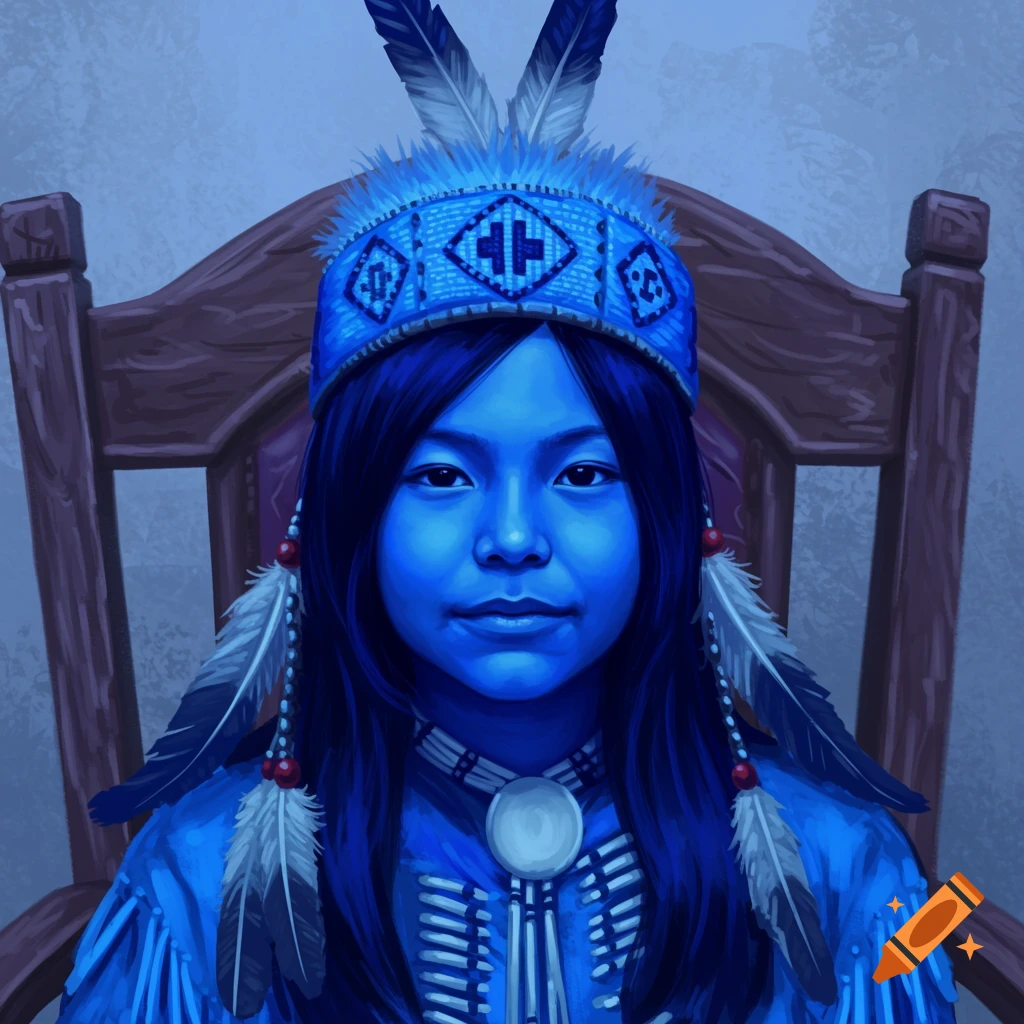 A young person in traditional blue Native American attire.