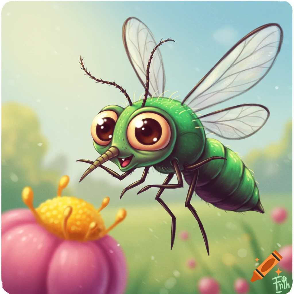 A cute green cartoon mosquito with big eyes hovers near a flower.
