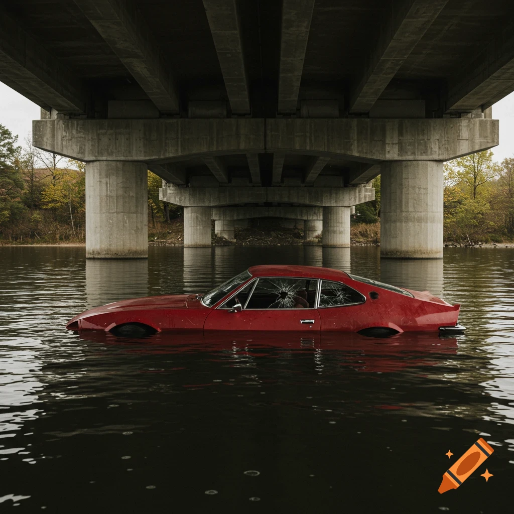 A red car is partially submerged in dark water under a large concrete bridge.