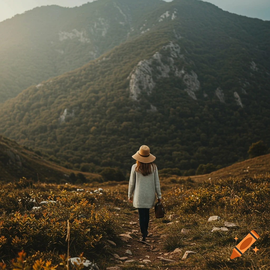 A person wearing a straw hat walks away down a rocky path in a mountainous landscape.