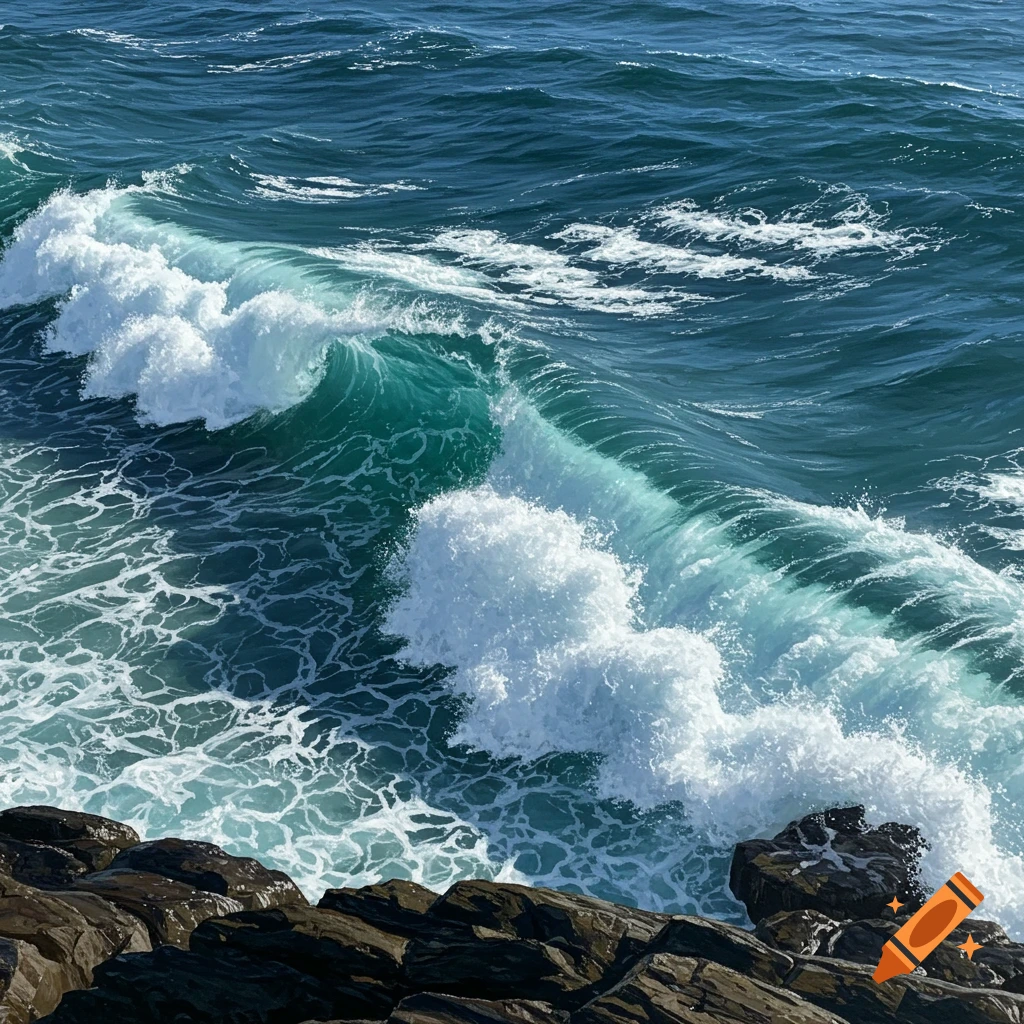 Realistic wave crashing onto dark rocks.