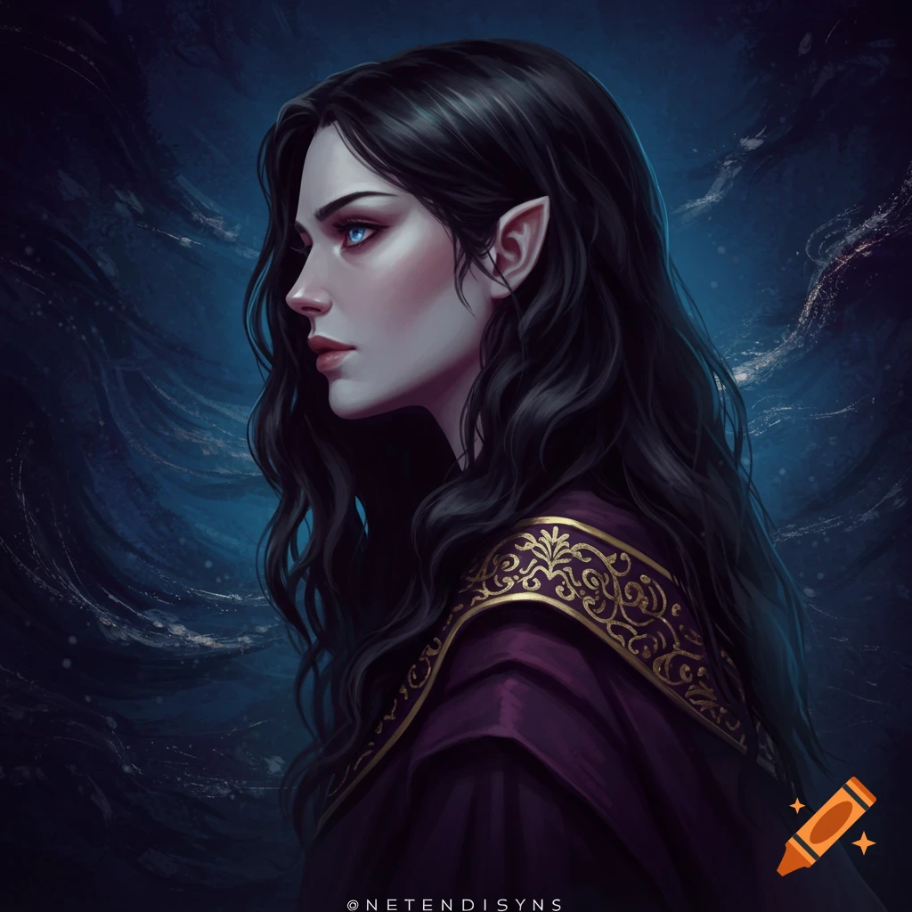 A fantasy portrait showing a dark-haired woman with elf ears and blue eyes against a dark background