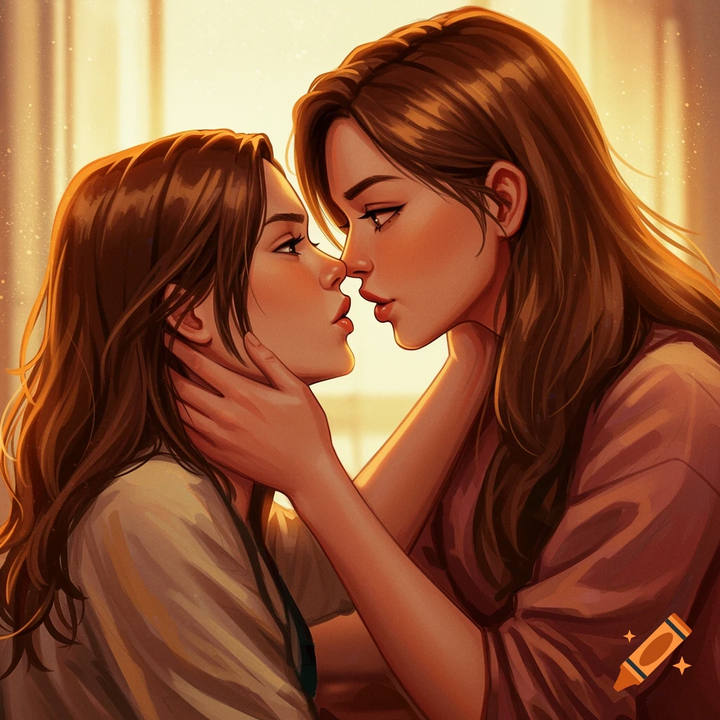 Two women leaning in for a romantic kiss.