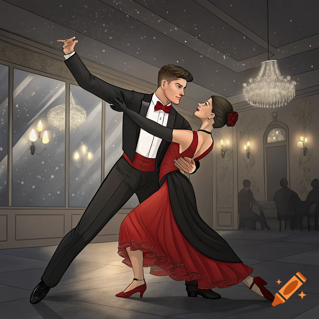An illustration of a couple in formal wear dancing the tango in a grand ballroom.