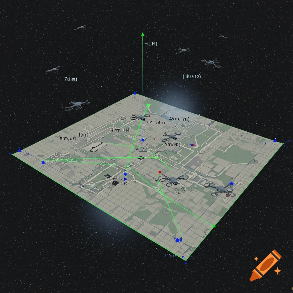 A 3D strategic map overlaid on an area map, showing drones, coordinate axes, grid lines, and text labels against a starry space background.