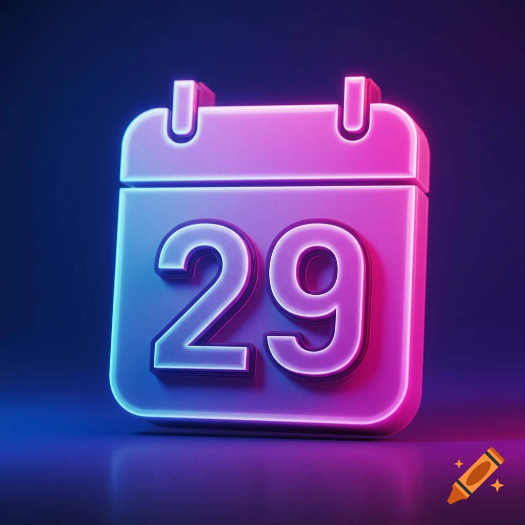 Digital icon of a calendar showing the number 29 with a neon glow